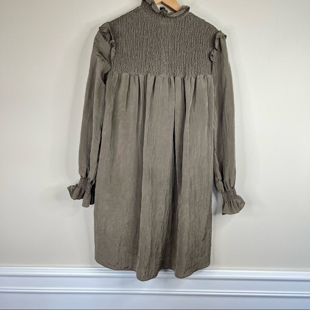 French Connection brown smocked high neck long blouson sleeve mini dress M - Picture 4 of 8